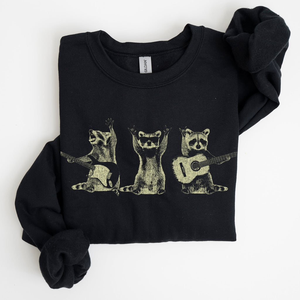 Raccoon Band Playing Guitar Funny Animals Cartoon Graphic Art Illustration Sweatshirt