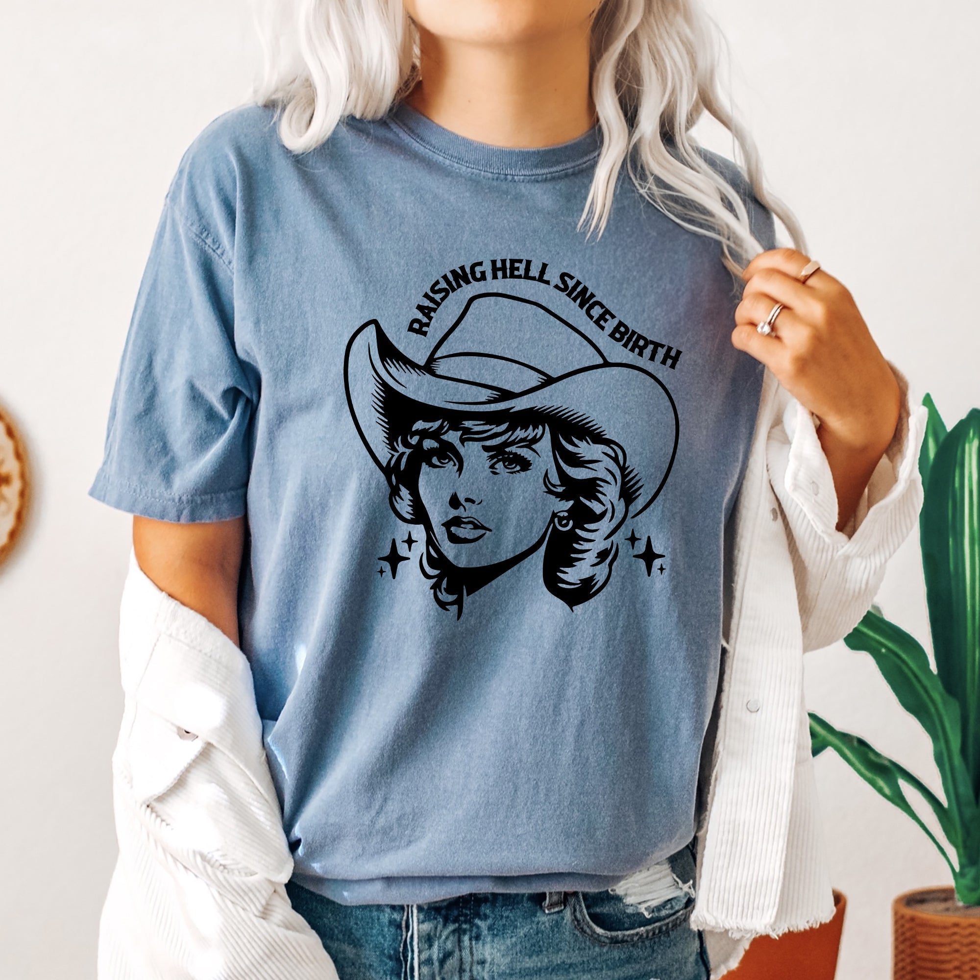 Raising Hell Since Birth Cowgirl Sassy Graphic Vintage Western Rodeo Edition Comfort Colors Tee
