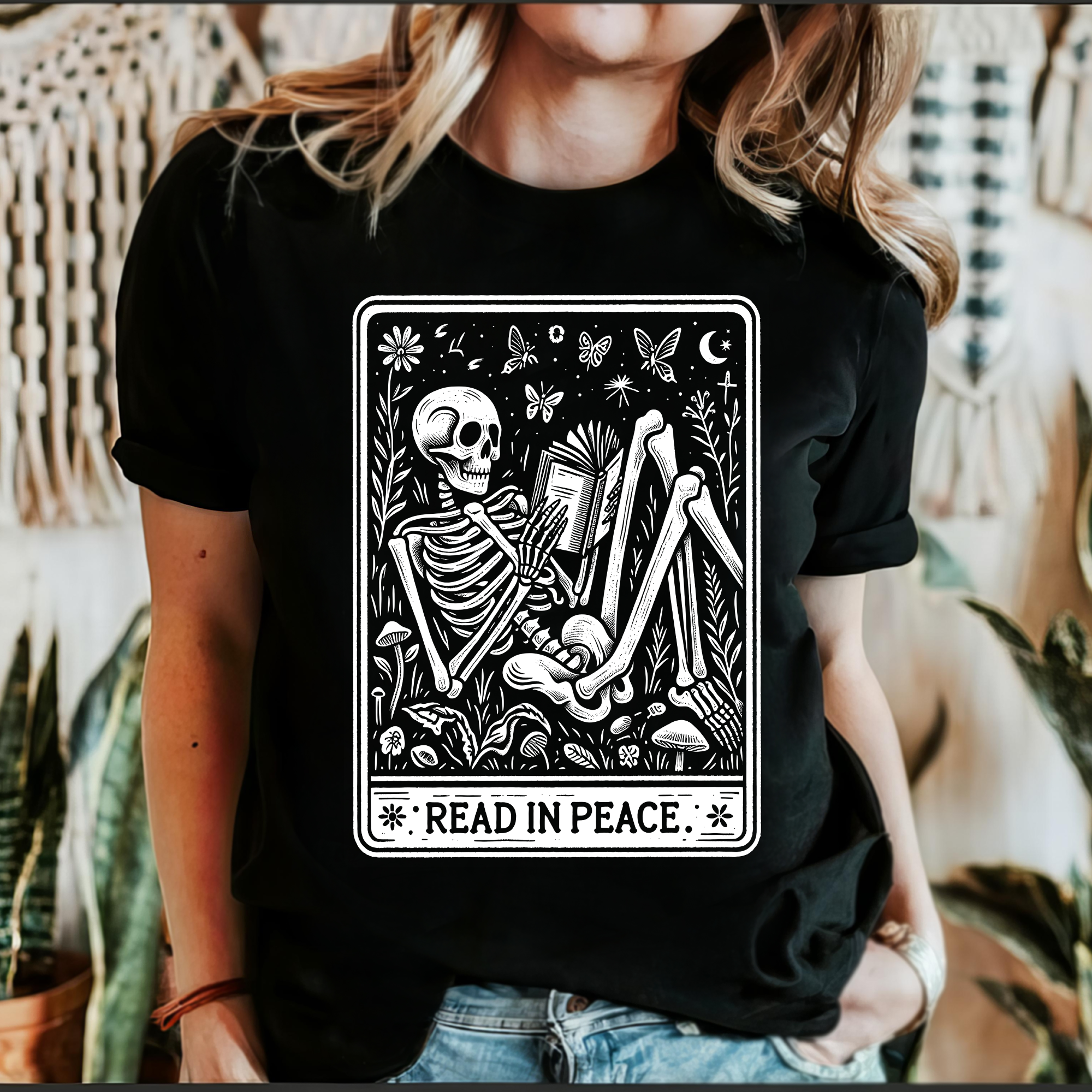 Read In Peace Tarot Skeleton Halloween Booktok Library Bookish Literary Gothic Cozy Graphic Tee