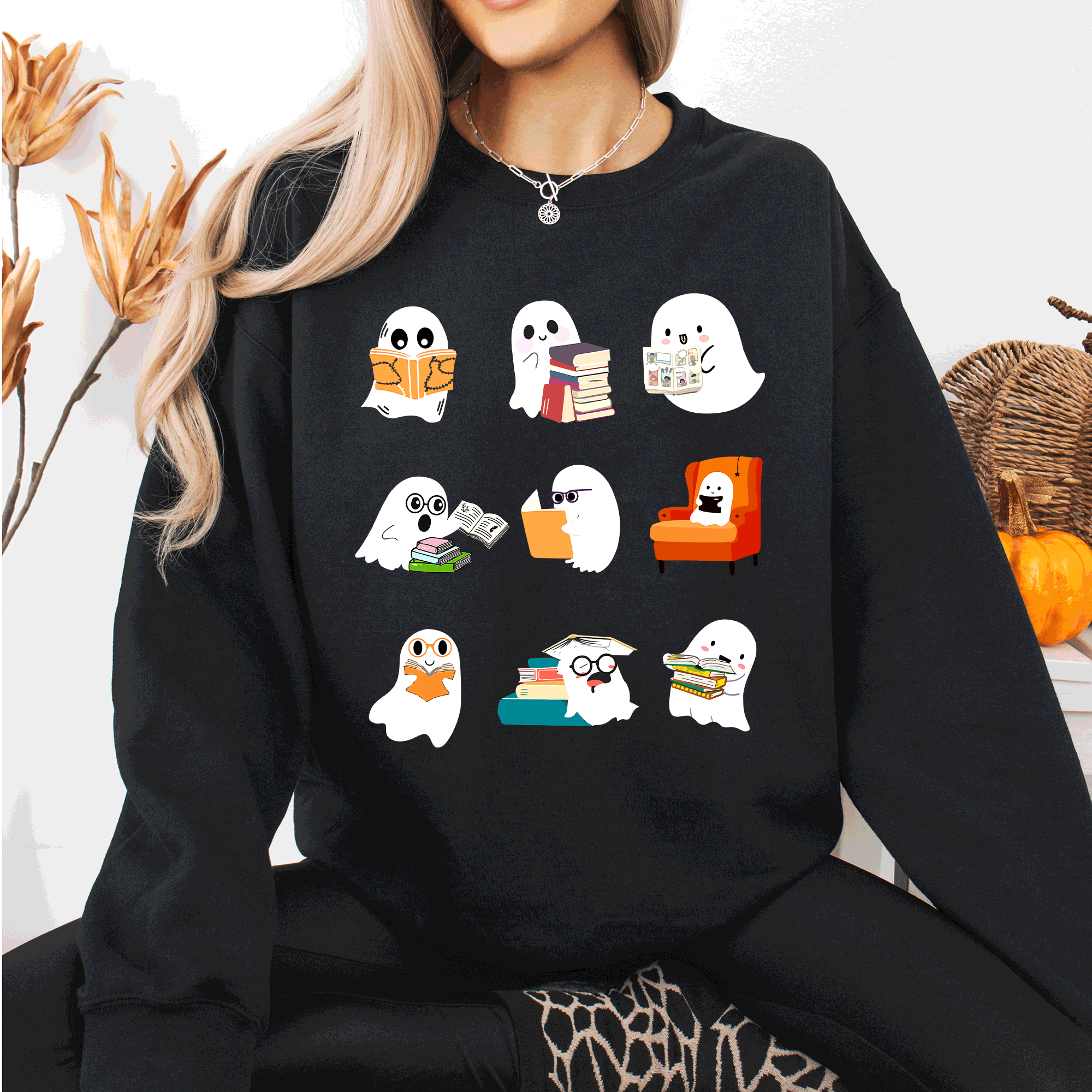 Reading Ghosts Halloween Library Books Cozy Night In Vintage Deluxe Graphic Sweatshirt