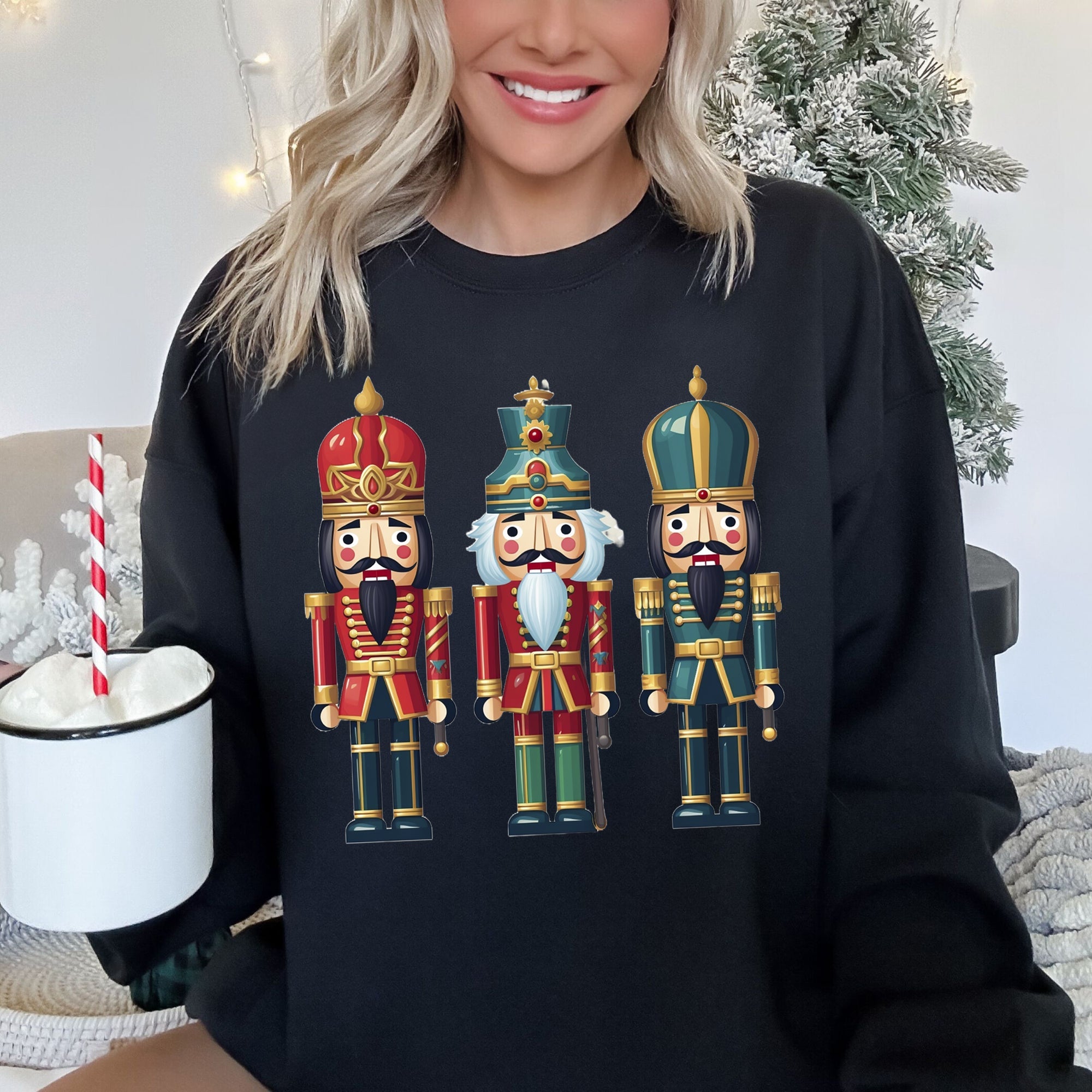Retro Nutcrackers Classic Colorful Christmas Sweatshirt Cozy Cotton Polyester Blend Warm Fleece Lined