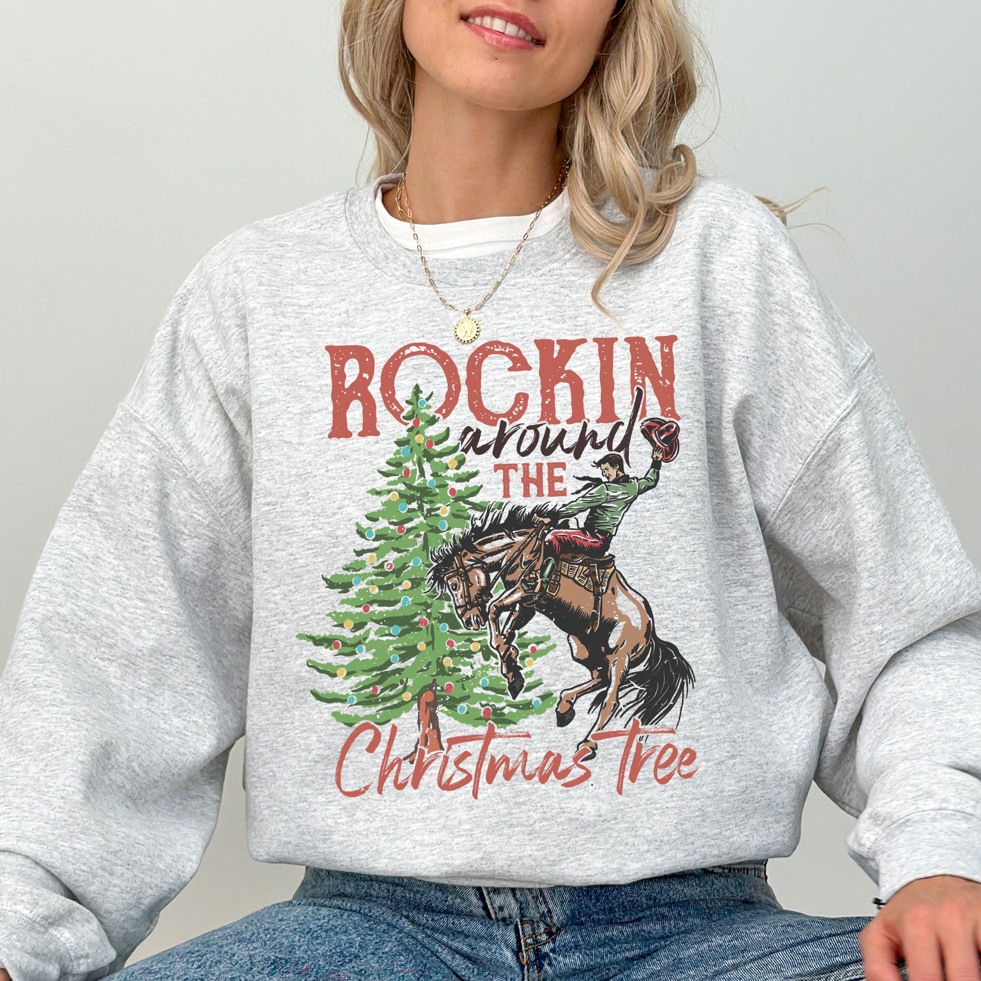 Rockin Around The Christmas Tree Cowboy Country Western Santa Xmas Holiday Celebration Sweatshirt