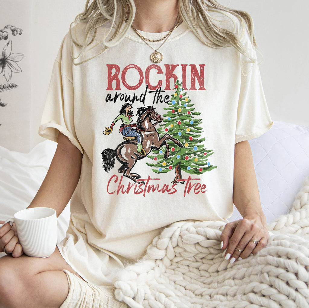 Rocking Around The Christmas Tree Cowboy Horse Rodeo Festive Western Holiday Style Comfort Colors Tee