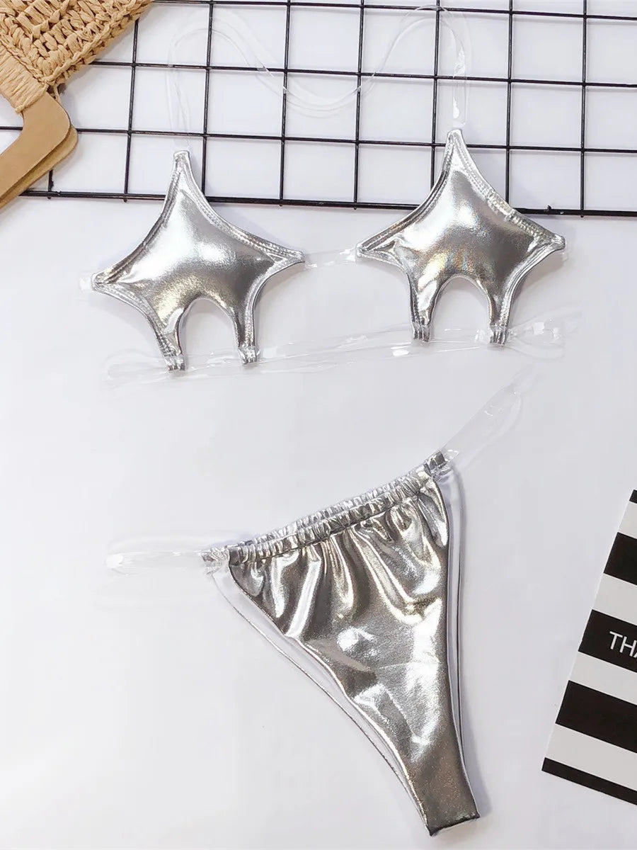 Sexy Micro Bikini 2025 Women Pentagram Design Transparent Swimwear Neon Clear Strap See Through Thong Swimsuit Traje De Baño