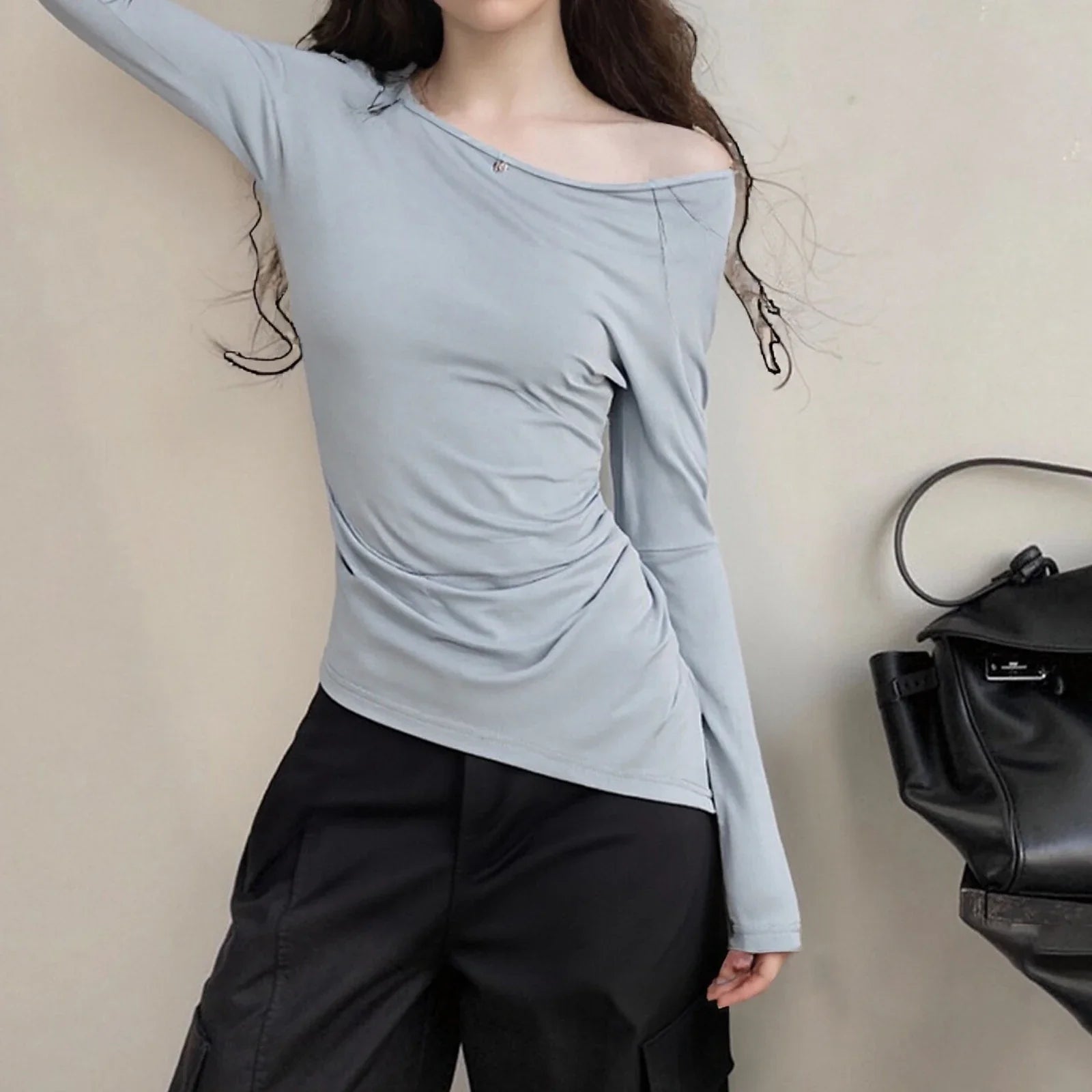 Women Irregular Crop Top Yoga  Exercise Sports Gym Fashion Crop Top Casual T-Shirt Long Sleeve Boat Neck Solid Slim Sports Top