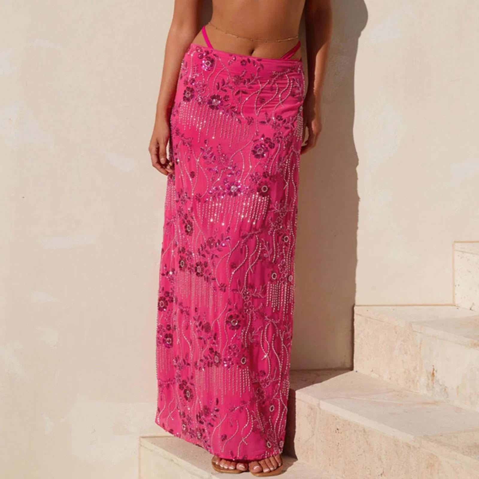 Elegant Beading Sequined Long Skirt for Women Summer Casual Floral Embroidery Maxi Straight Skirts for Beach Club Streetwear