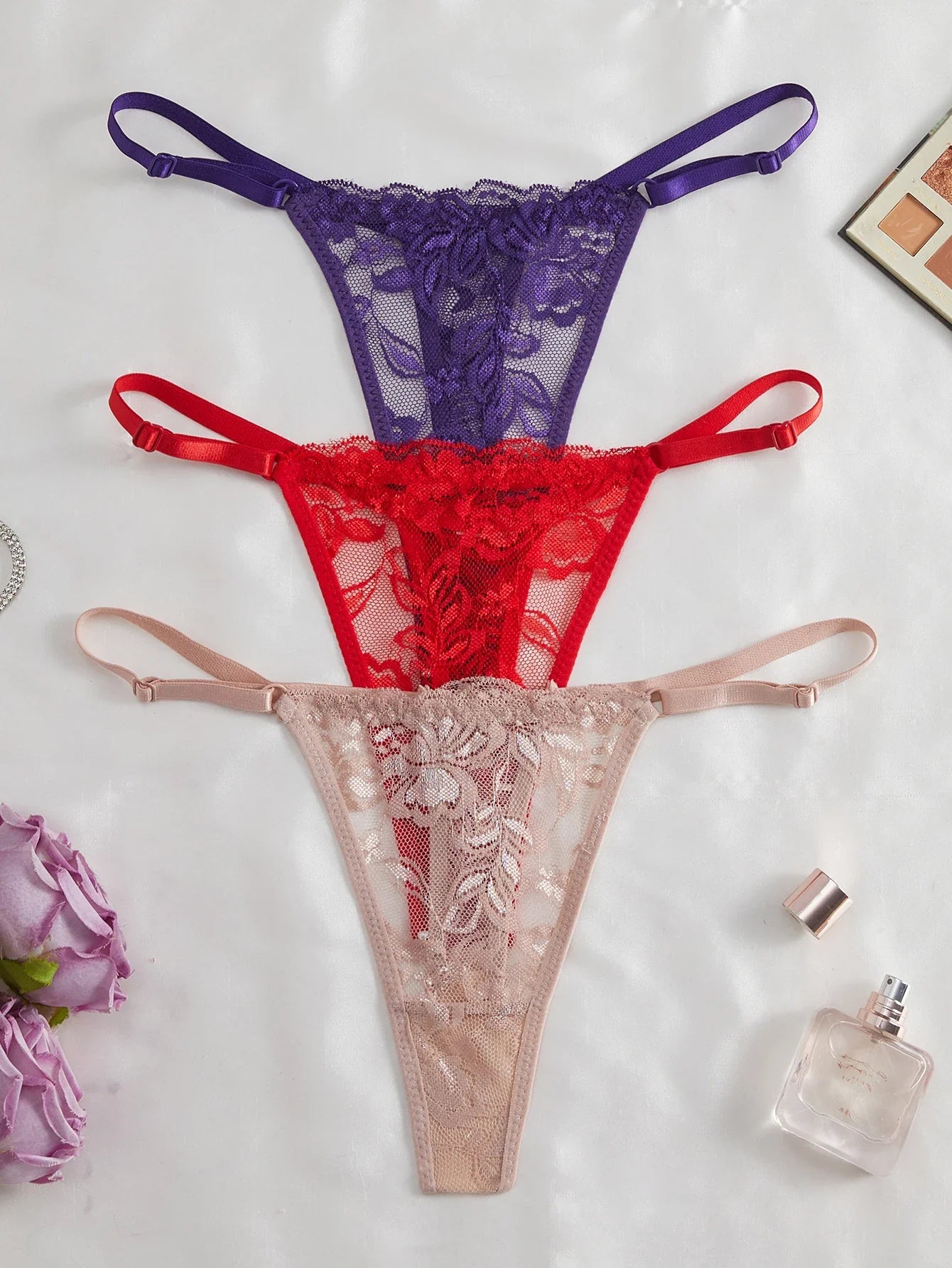 3-Pack Women's Sexy Lace Panties Underwear, Adjustable Strap Floral Lace Sheer Mesh Sexy Thong