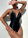 Black Knite One Piece Swimwear with Chest 2026 Women Patchwork V Neck Push Up Tummy Control Swimwear Beach Bathing Suit Monokini