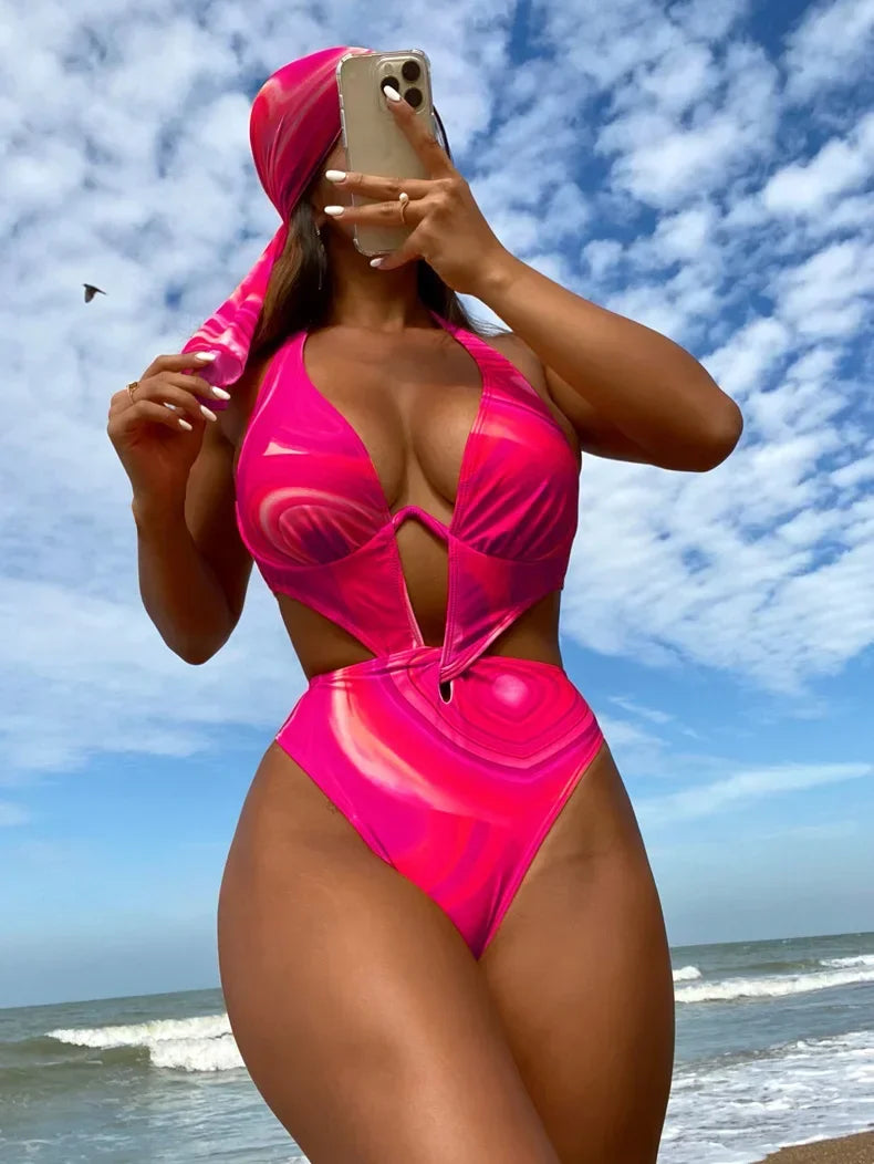 Orange Tie Dye Gradient One Piece Swimsuit 2025 Women Hollow Out Underwire Backless Monokini Beach Bathing Suit Band Swimwear