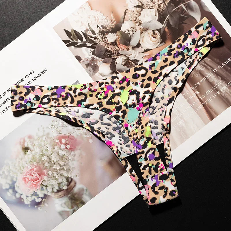 Ice Silk Leopard Women Panties Sexy G String Thong Seamless Underwear T Back Candy Color Girls Briefs Underpants Plus Size M-XXL