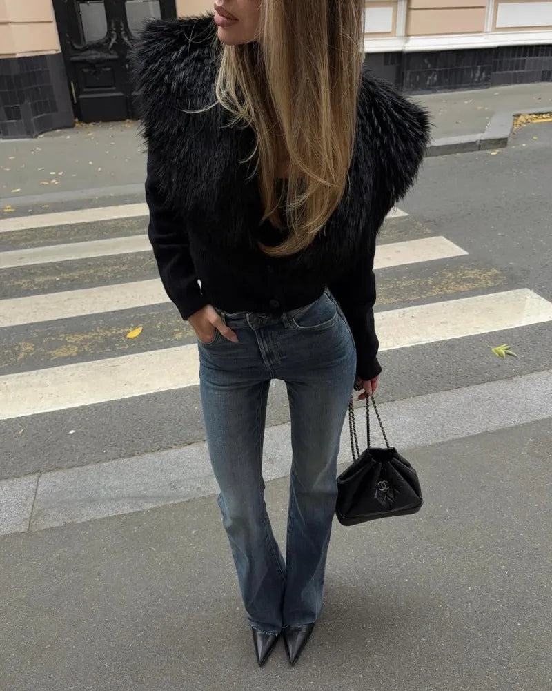 Trendix Black Knit Cardigan For Women Winter Detachable Faux Fur Collar Short Tops Street Slim Party Elegant Outerwear Top Femme