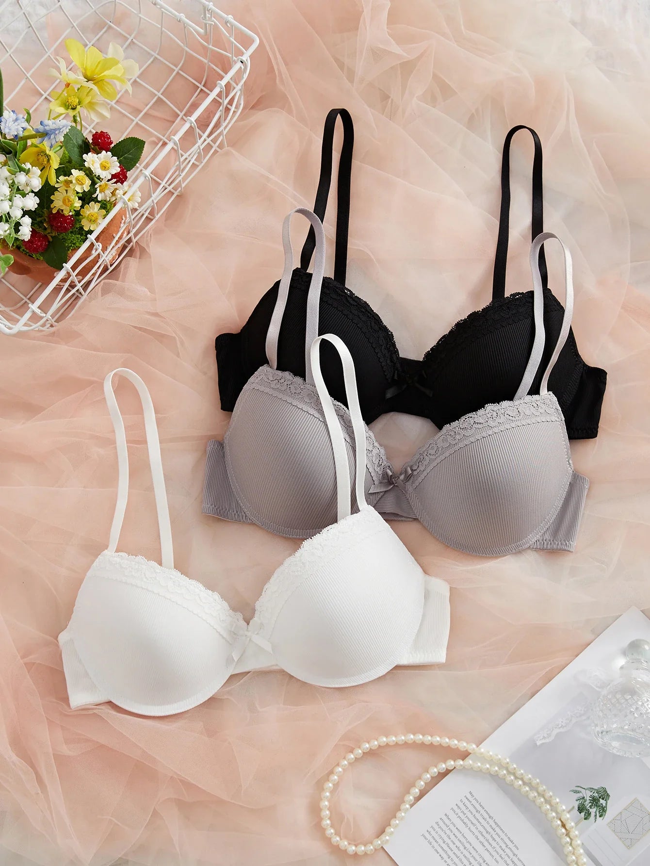 3-Pack Ribbed Women's Underwear Set Everyday Push up Bra Lace Trim Splicing Sexy Bras Comfortable Thin Cup Underwire Women's Bra