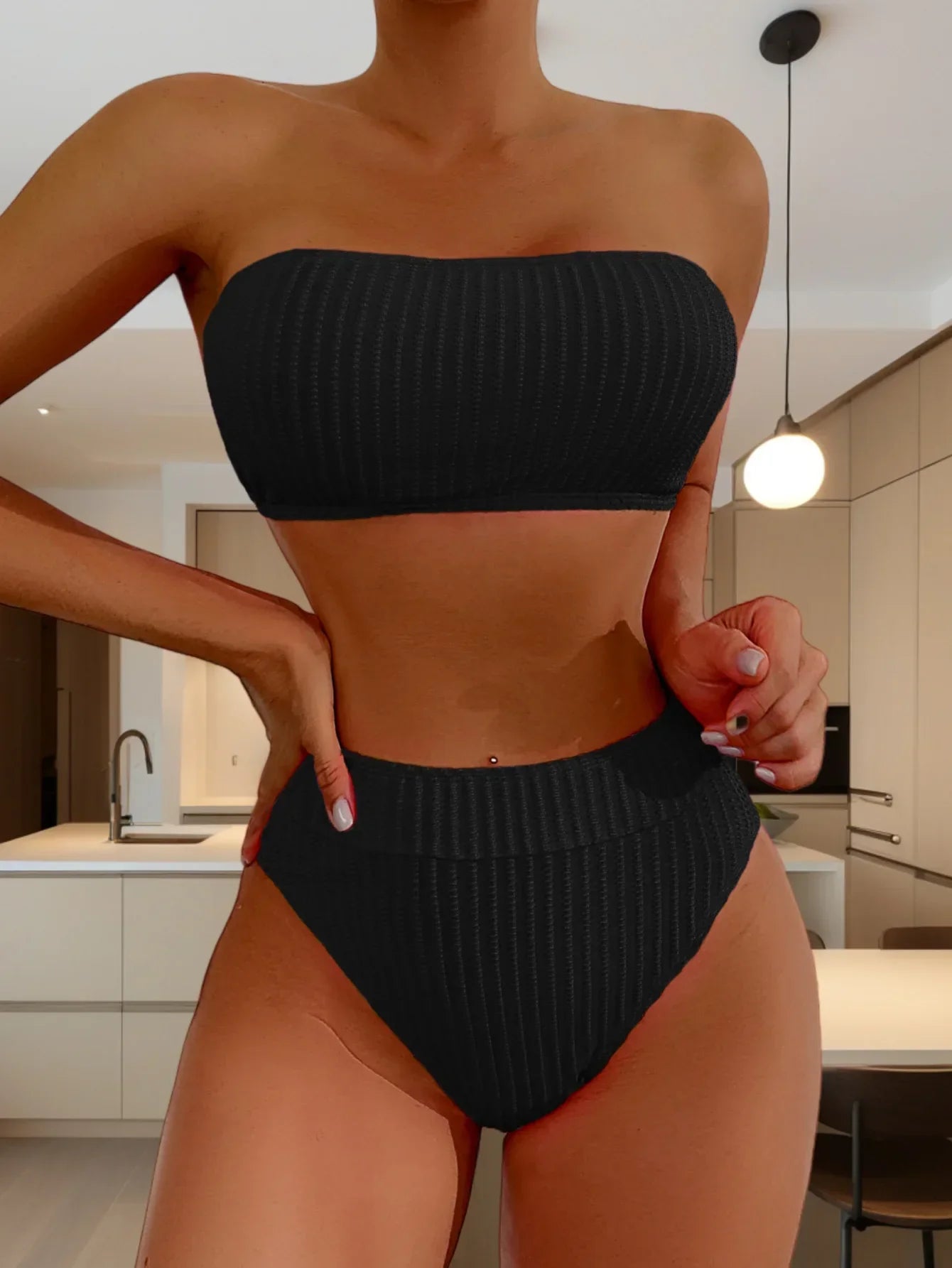 Sexy Bandeau Bikini Set 2025 Mujer Women White Black Ribbed Push Up Micro Swimsuit Summer Bathing Suit Beach High Waist Swimwear
