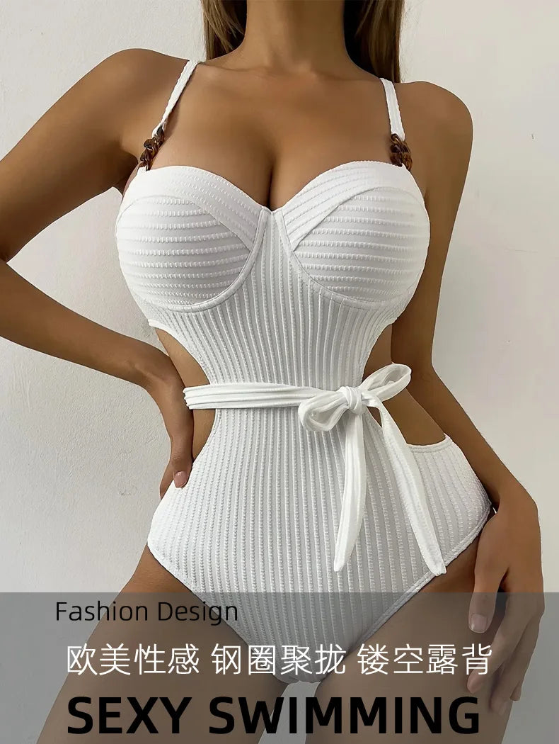 2026 Solid Color Wavy Fabric Bikini Set Cover Up Swimsuit For Women Push Up Ruffle One Pieces Swimwear Beach Bathing Suits