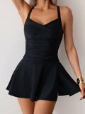 Solid Black Pleated Bikinis One Piece Swimsuit Women Large Size Swimwear Halter Pleate Slim Tummy Control Skirt Monokini 2026
