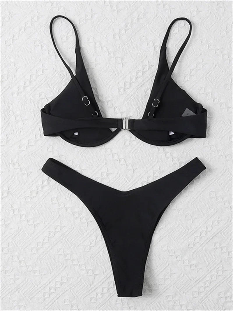 Sexy Underwire Bikini 2026 Mujer Women Solid Red Push Up Bra Thong Swimsuit Haler V Neck Bathing Suit Mini Micro Thong Swimwear