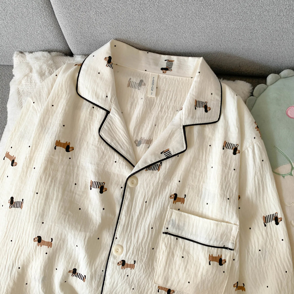 Women's Pajama Set Thin Cotton Cardigan Long Sleeve Pants Spring and Autumn Cartoon Dachshund Home Wear Set for Women Sleepwear