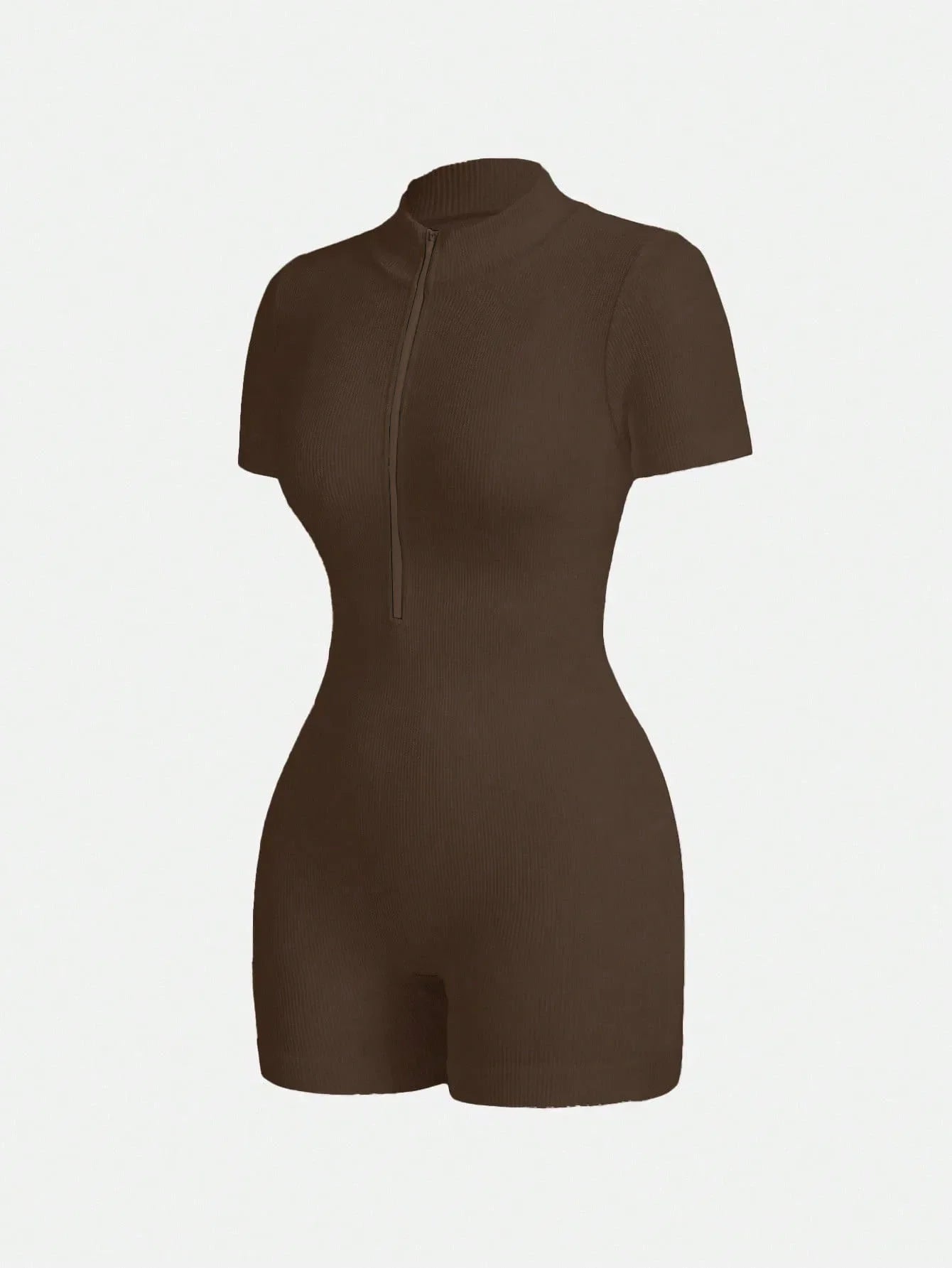 Women's Solid Color Half Zip Ribbed Knit Short Sleeve Romper Sports Soft Slim Fit Mock Neck Jumpsuit Streetwear 2025 Summer