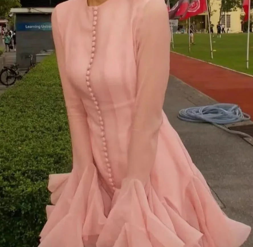 Women's Fashion Ruffled Hem Patchwork Short Dress Blush Pink Ruffled Mini Dress For Women Sleeves Front Button Hem Fashion T0PU