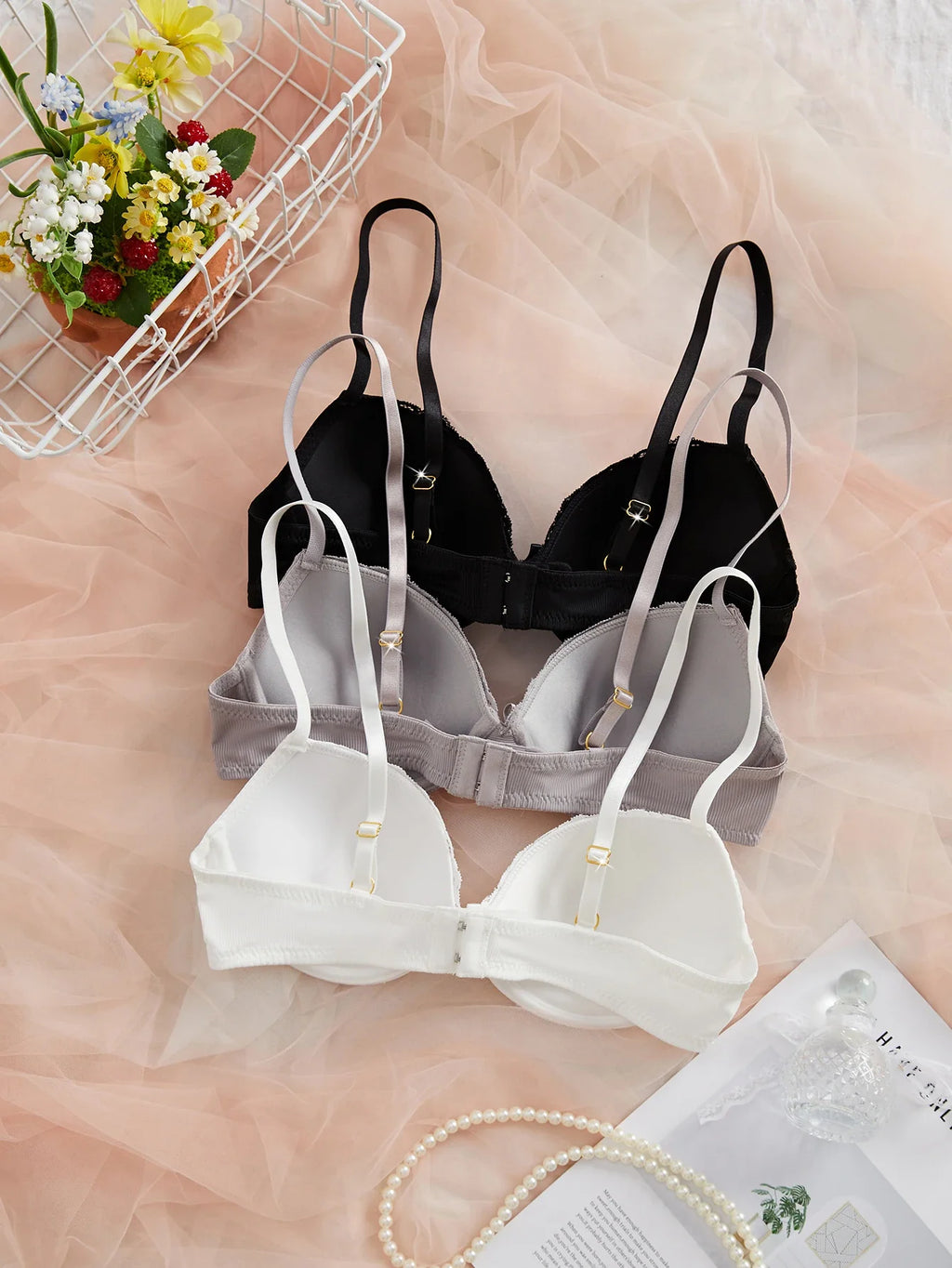 3PCS Women's Underwear Set Lace Trim Ribbed Push Up Bra Bow Comfortable Underwire Support Women's Bra