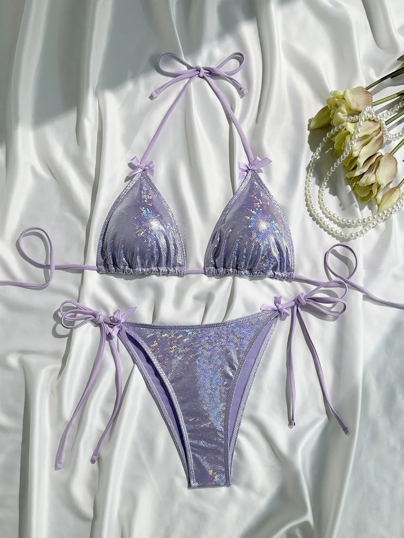 Shiny Pink Bikini 2025 Women Sexy Brozing Tie Bow Strap Push Up Micro Swimsuit Brazilian Bathing Suit Tie Side Triangle Swimwear