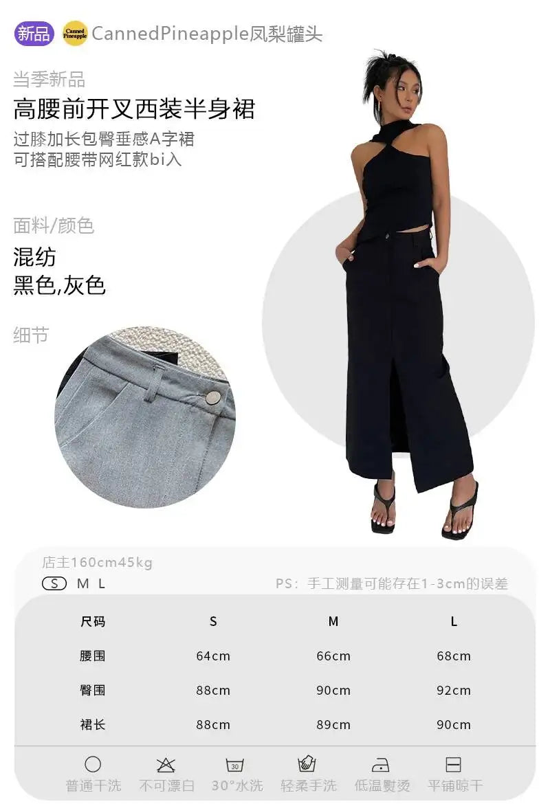 WOMENGAGA Retro High Waist Half Skirt Girl Bifurcate Slim A-LINE Gray Skirts Fashion American Spicy Girls 2023 New 5P2F