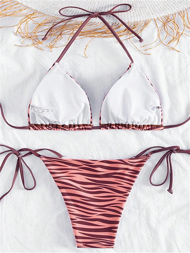 Sexy Zebra Striped Bikini Women Halter Push Up Triangle Swimsuit Brazilian Summer Bathing Suit Micro Swimwear 2025 Swimming Suit
