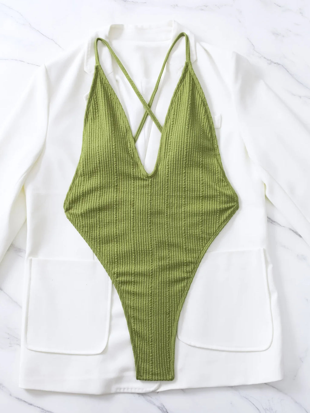 One Piece Swimsuit Women 2024 Sexy Deep V Neck Ribbed Tummy Control Swimwear Brazilian Hollow Out Backless Bathing Suit Monokini