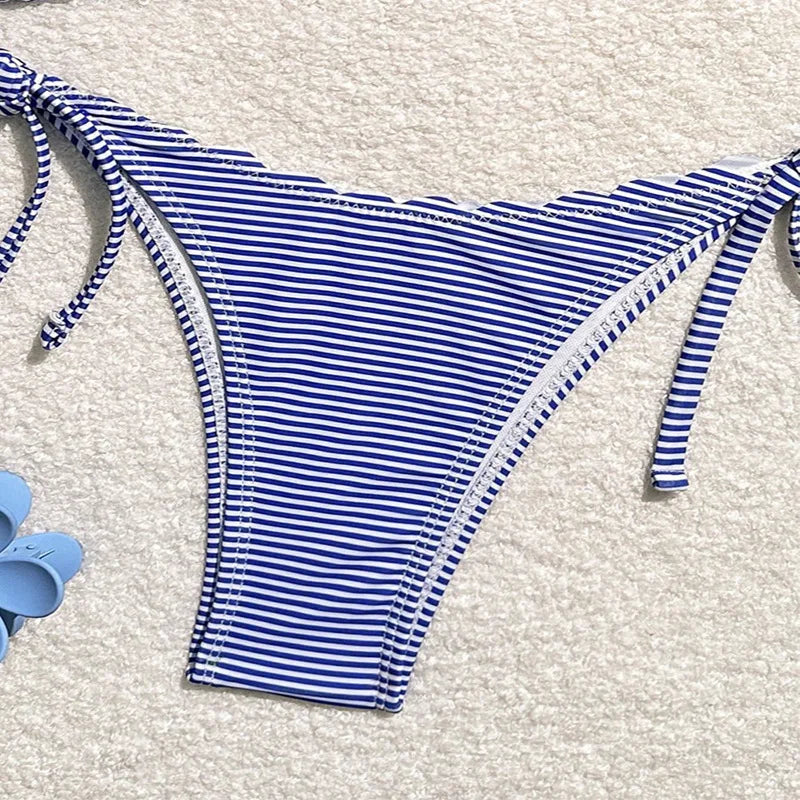 Women's Blue Stripe Print Two Piece Swimsuit Sexy Mini Triangle Cup Bra Halter Backless Bikini Set 2024 Summer Beach Swimwear