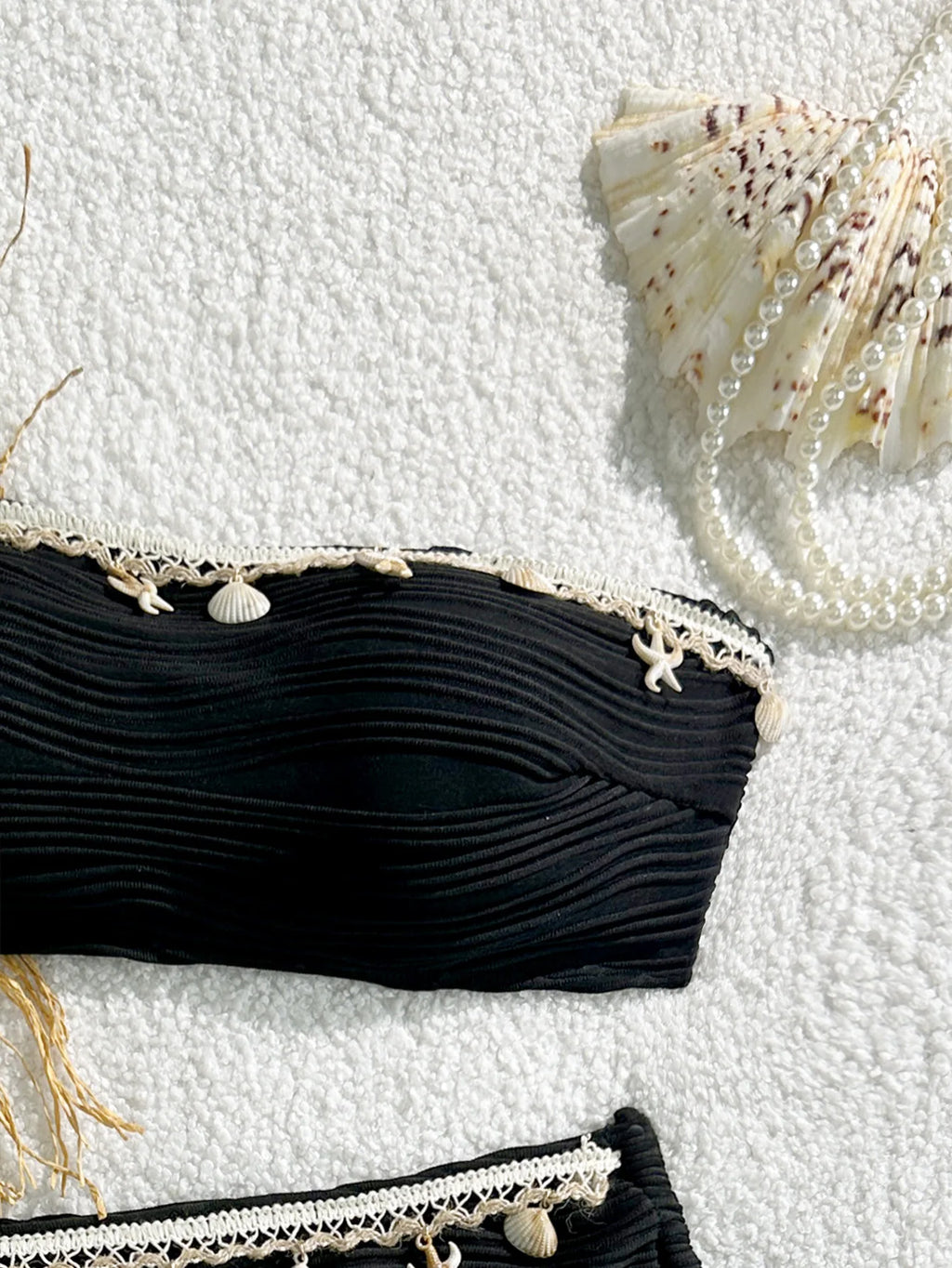 Sexy Bandeau Bikini Set 2025 Women Black Shell Starfish Push Up Drawstring Side High Waist Swimsuit Beach Bathing Suit Swimwear