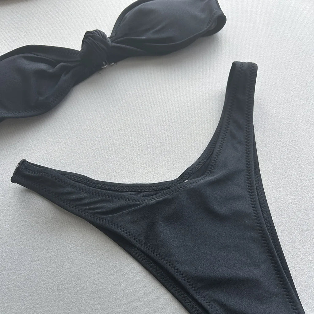 Sexy Front Tie Bow Bikini Set Women Black Bandeau Push Up Bra Micro Swimsuit 2024 Beach Bathing Suit Thong Swimwear Biquini