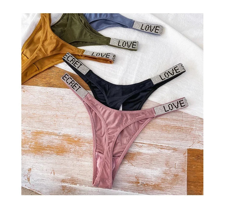 Low Waist Sexy Women Thongs Panties Rhinestones letter Diamonds G String Sports Thong Shorts Briefs T-back Fitness Size S-XL