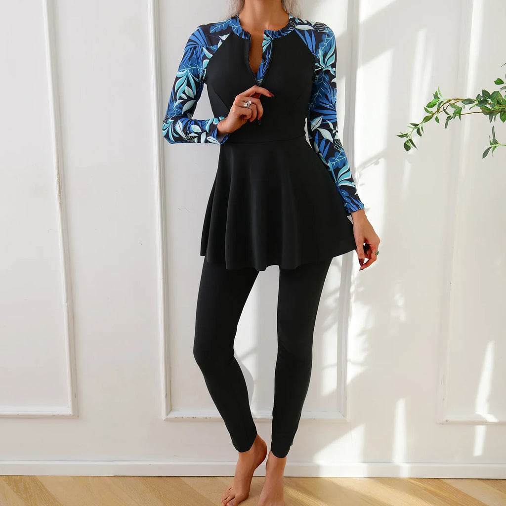 Muslim Swimwear Burkini Sets for Women Black Floral Print Zipper Long Sleeve Top Long Panties Sports Swimsuit Bathing Suit