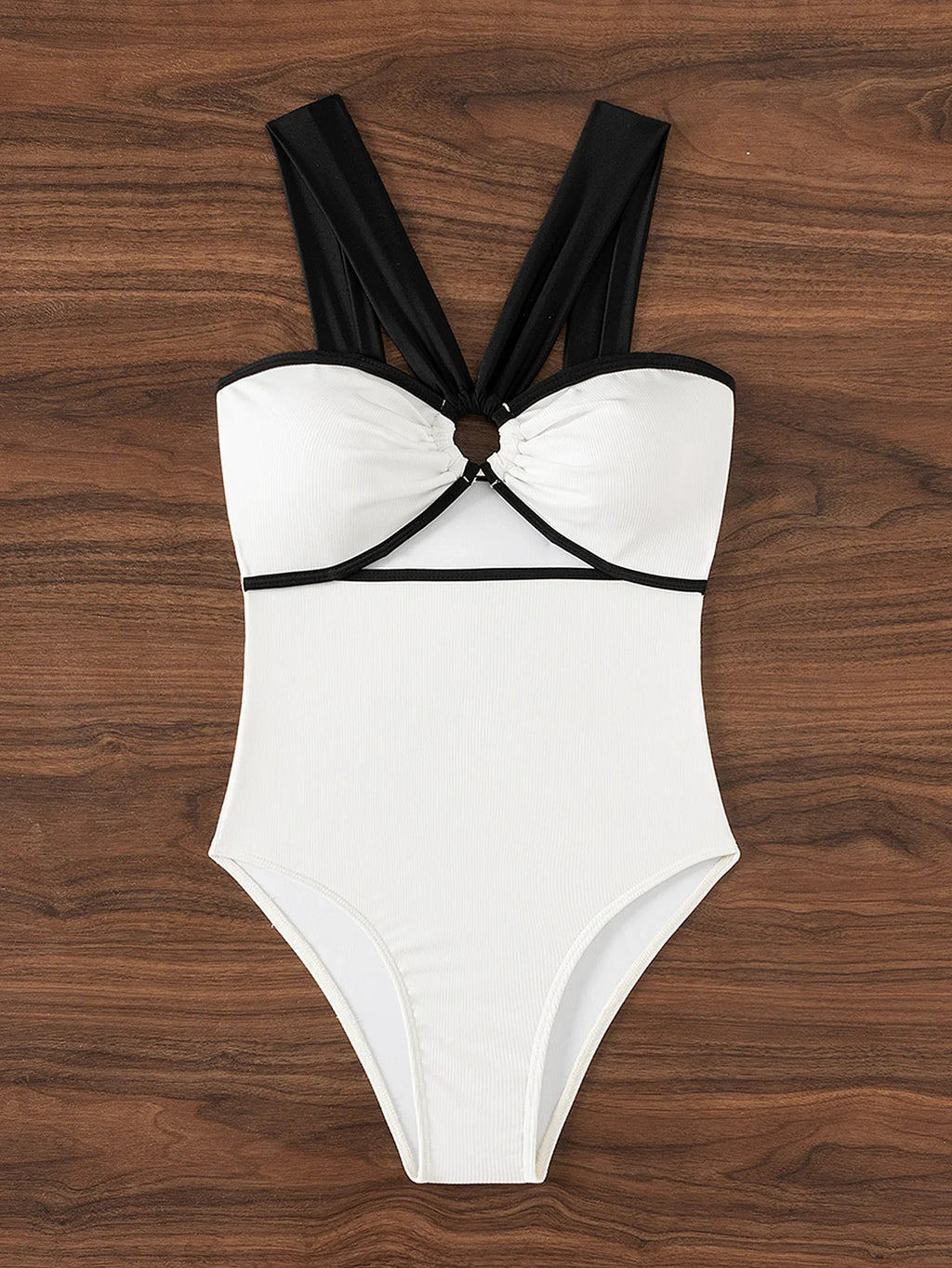 New White Black Patchwork Swimwear Women Halter Metal Ring Linked Hollow Out Slim Tummy Control One Piece Swimsuit Monokini 2025