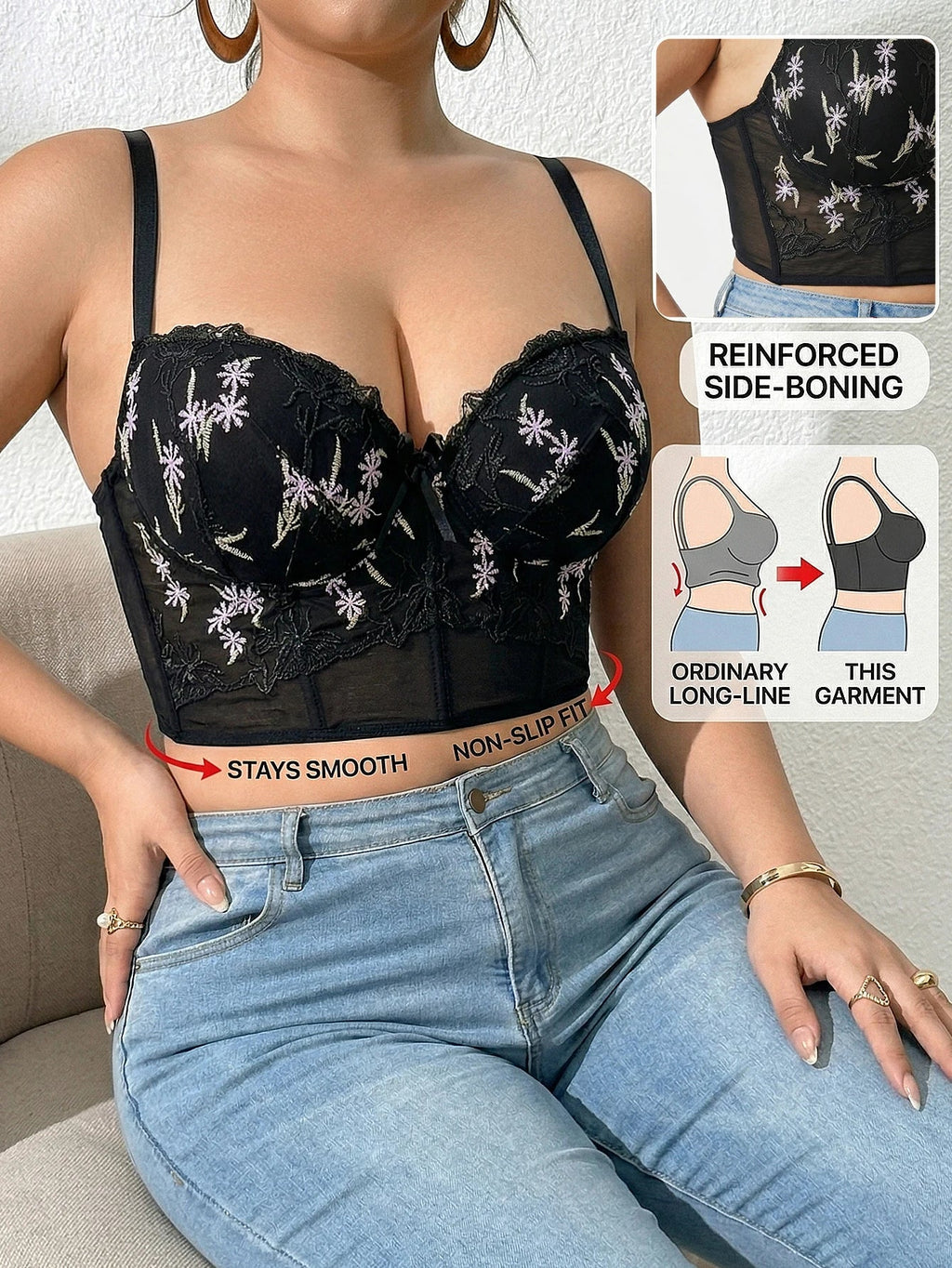 Plus Size Floral Embroidered Lace Bustier Bra – Push Up, Tummy Control & Non-Slip Corset Top