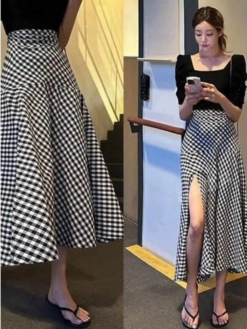 WOMENGAGA Korea Style 2023 Spring/Summer New High Waist Elegant Split Plaid Skirts Half Length Skirts Fashion Women 2023 22IV