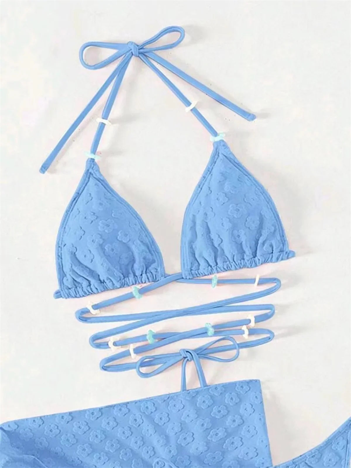 Mesh Skirt Pleated Bikini Set Women Blue White Floral Designer Criss Cross Swimsuit 3 Piece Bathing Suit Cover Up Swimwear 2024