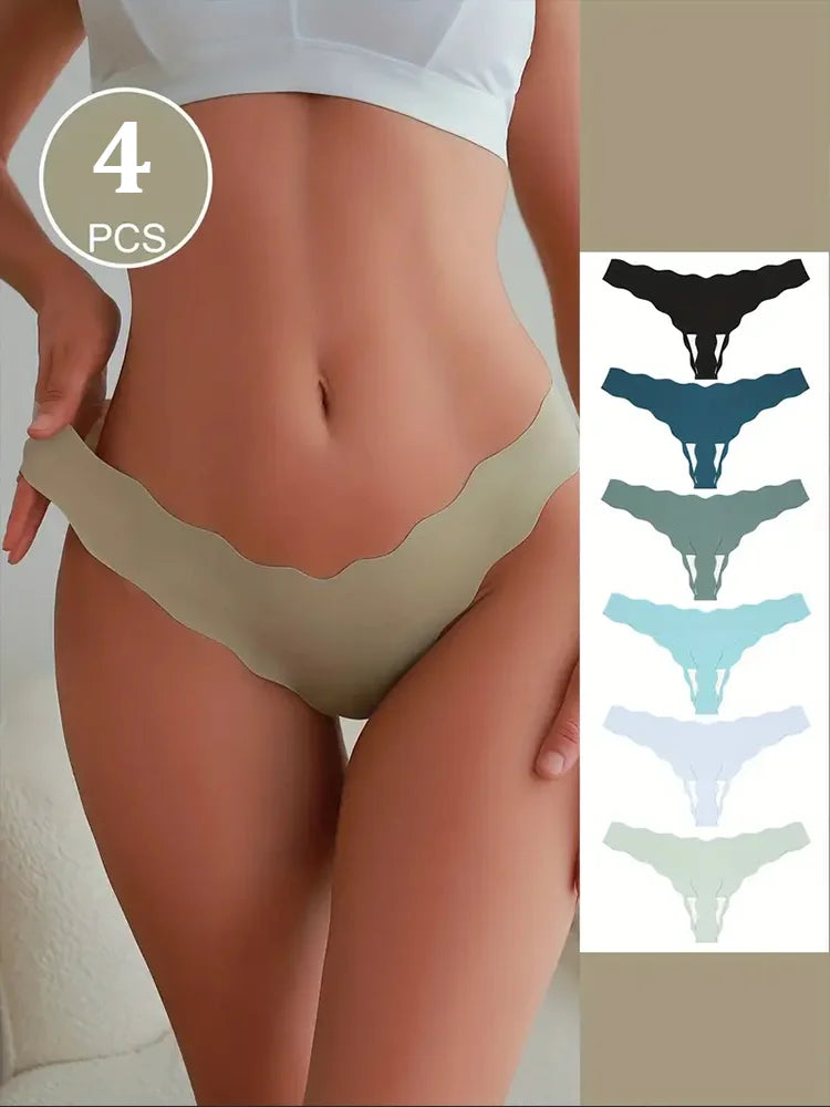 4Pcs Women Seamless Panties Wavy Design Ultra-thin Thongs Women Ice Silk Underwear Sexy Panty Low Waist G-string Female Solid