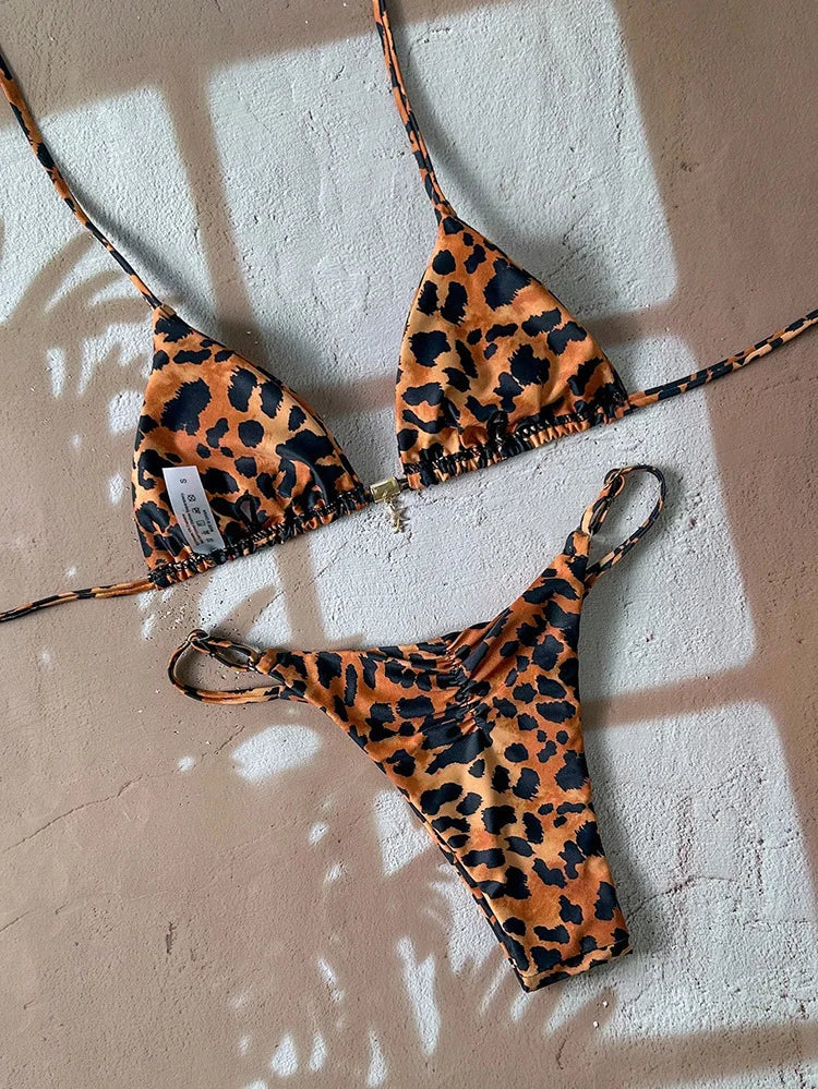 2026 Sexy Bikini 2 Piece Set Drawstring Straps Black Leopard Print Swimsuit For Women Summer New A Knot On The Chest