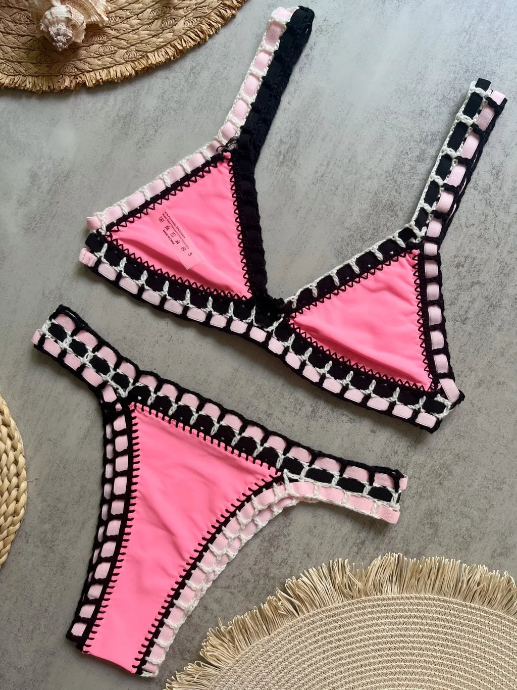 Sexy Black Patchwork Hand Crochet Bikini Set Women 2026 V Neck Push Up Bra Thong Swimsuit Beach Bathing Suit Knitted Swimwear
