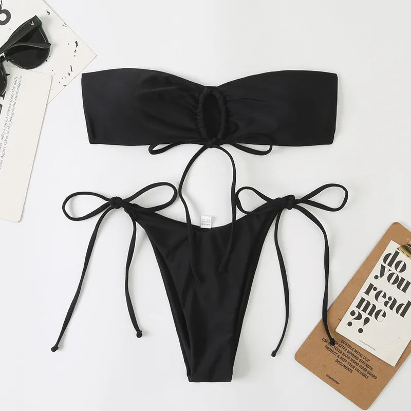 Sexy Bandeau Bikini Swimwear Women Red Black Pleate Lace Up Swimsuit 2024 Cut Out Beach Bathing Suit Tie Side Thong Bikinis Sets