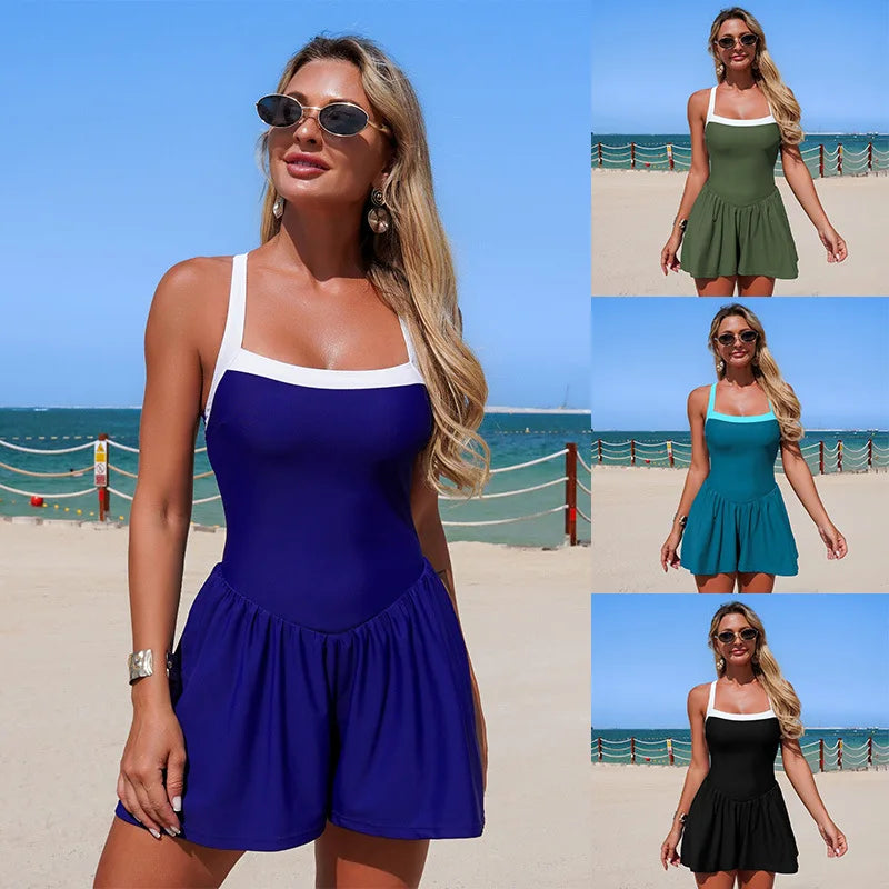 Vintage Black Patchwork Skirt One Piece Swimsuit 2026 Women Back Bandage Cross Pocket Swimwear Beach Bathing Suit Slim Monokini