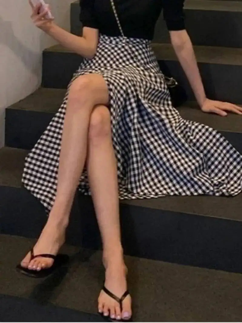 WOMENGAGA Korea Style 2023 Spring/Summer New High Waist Elegant Split Plaid Skirts Half Length Skirts Fashion Women 2023 22IV