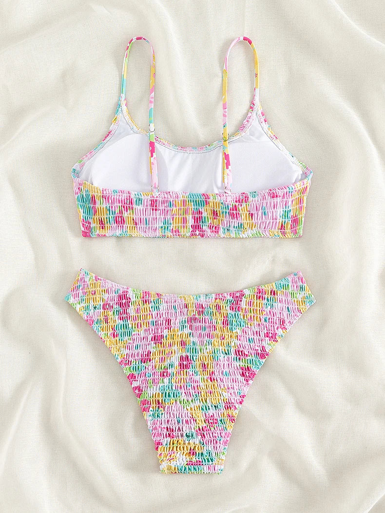 Sexy Pink Floral Print Bikini Set 2024 Women Halter Pleate Push Up High Waist Swimsuit Brazilian Bathing Suit Two Piece Swimwear