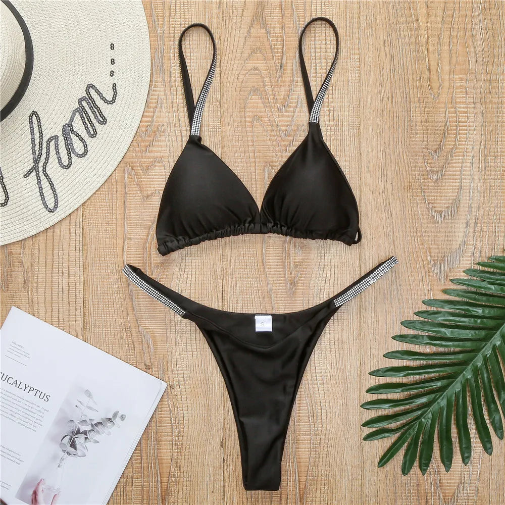 Diamond Swimwear Women 2025 Sexy Pink Micro Bikini Brazilian Black Rhinestone Thong Swimsuits Beach Push Up Bathing Suit Biquini