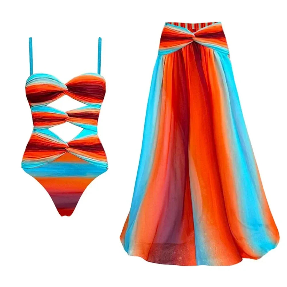 Cut Out Swimsuit And Cover Up Sexy Swimwear Women Floral Stars Swim Suit Push Up Bikini Bathingsuit Sliming Bodysuit Beachwear