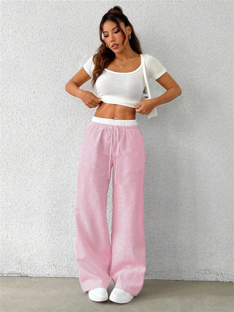Women's Casual Striped Woven Wide Leg Pants Fall Winter 2024 Casual Stylish Full Length Trousers Y2K Clothes Streetwear