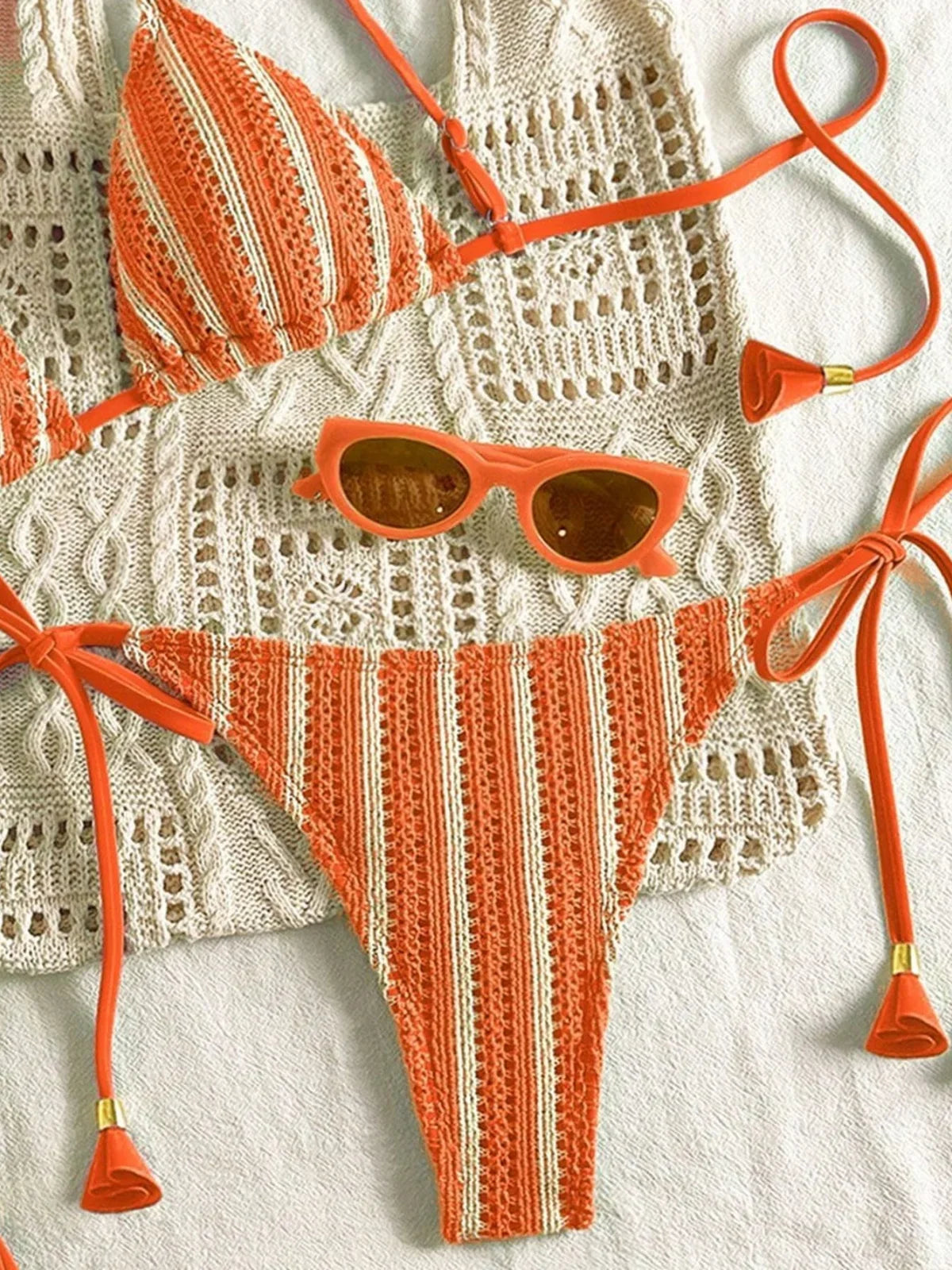 Sexy Orange Striped Bikini Set 2026 Women Halter Push Up Bra Tassel Bandage Thong Swimsuit Summer Holiday Bathing Suit Swimwear