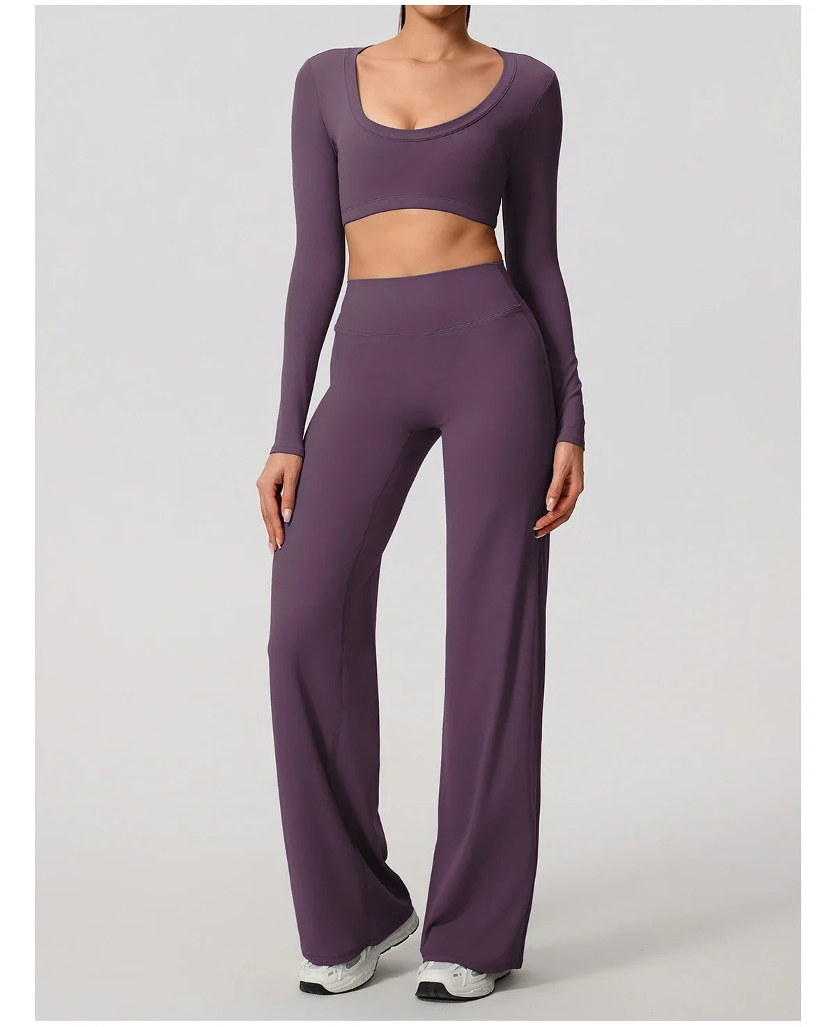 Hearuisavy Sports Set 2Pcs Women's  Long Sleeve Backless Fitted Fitness Top Push Up Pilates Yoga Top Wide Leg Straight Leg Pants