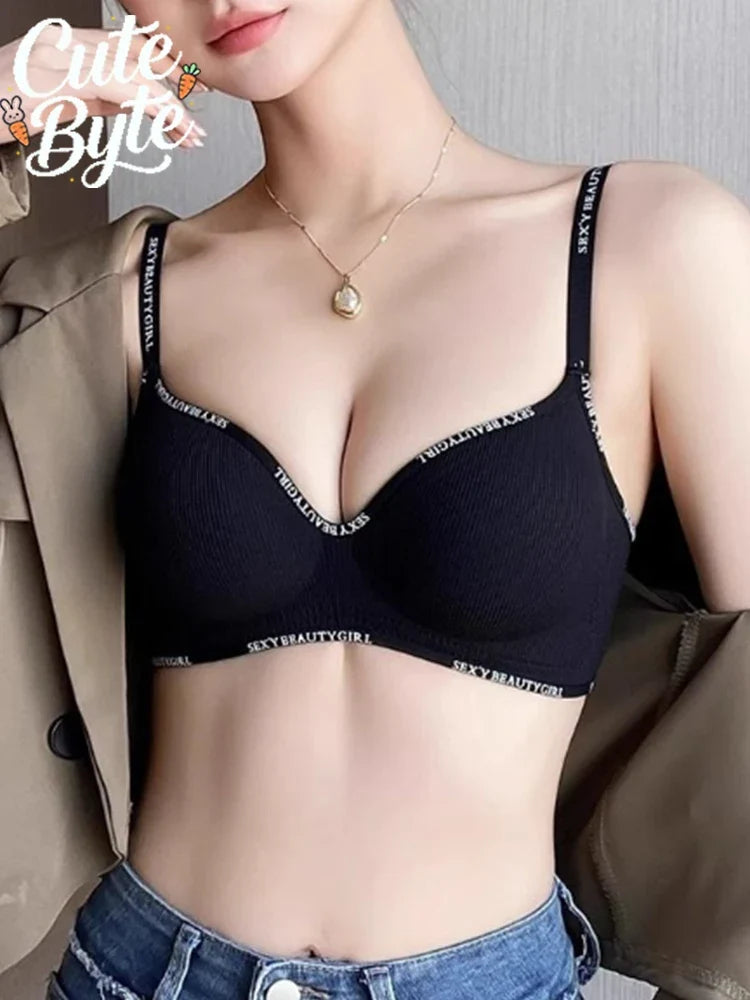 Women Sexy Bras Padded Push Up Bralette Female Adjustable Comfortable Underwear Ladies Letter Straps Brassiere Wireless Soft New